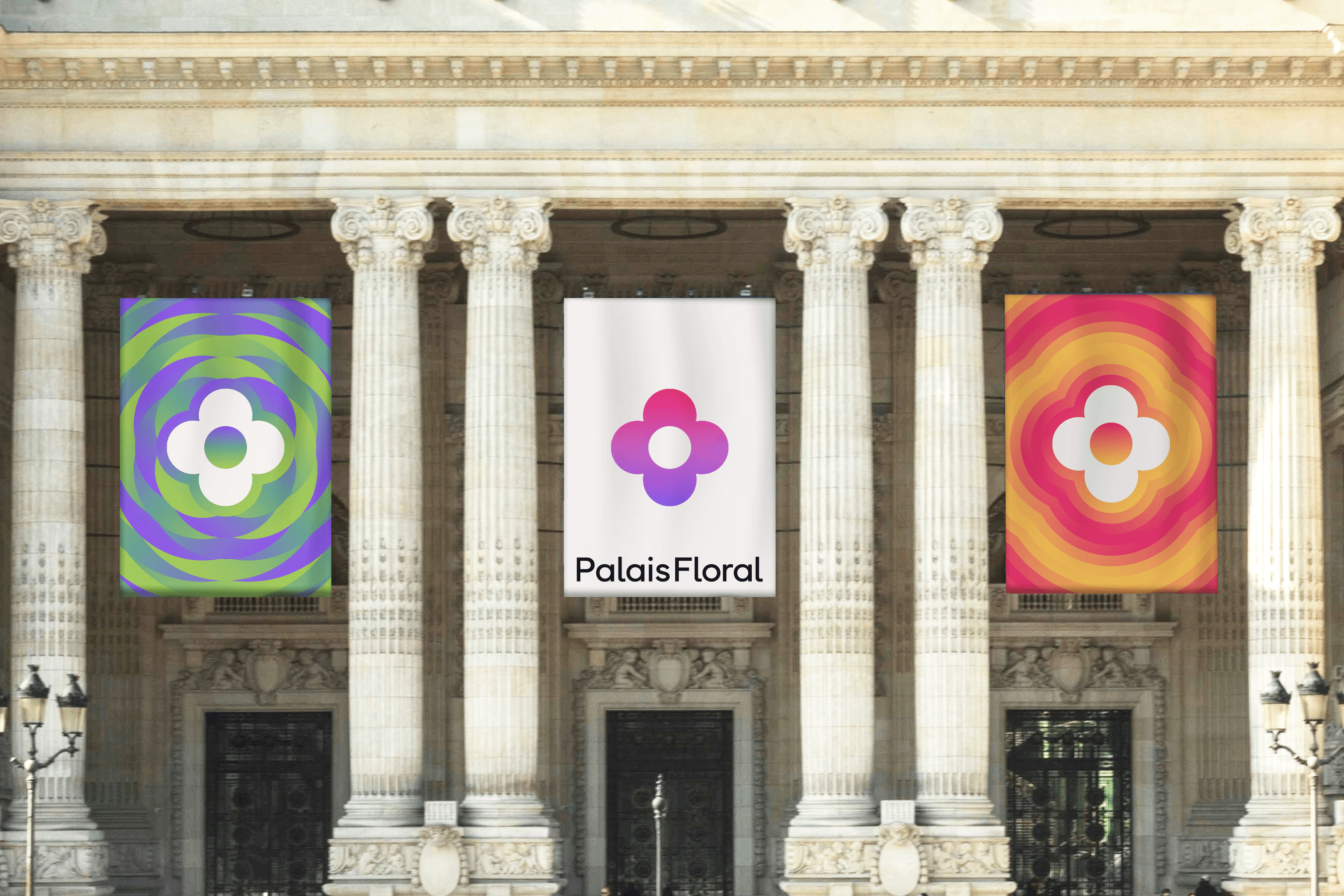 3 banners hanging in the spaces between the columns of the Petit Palais, showcasing the bright, colourful floral branding identity.