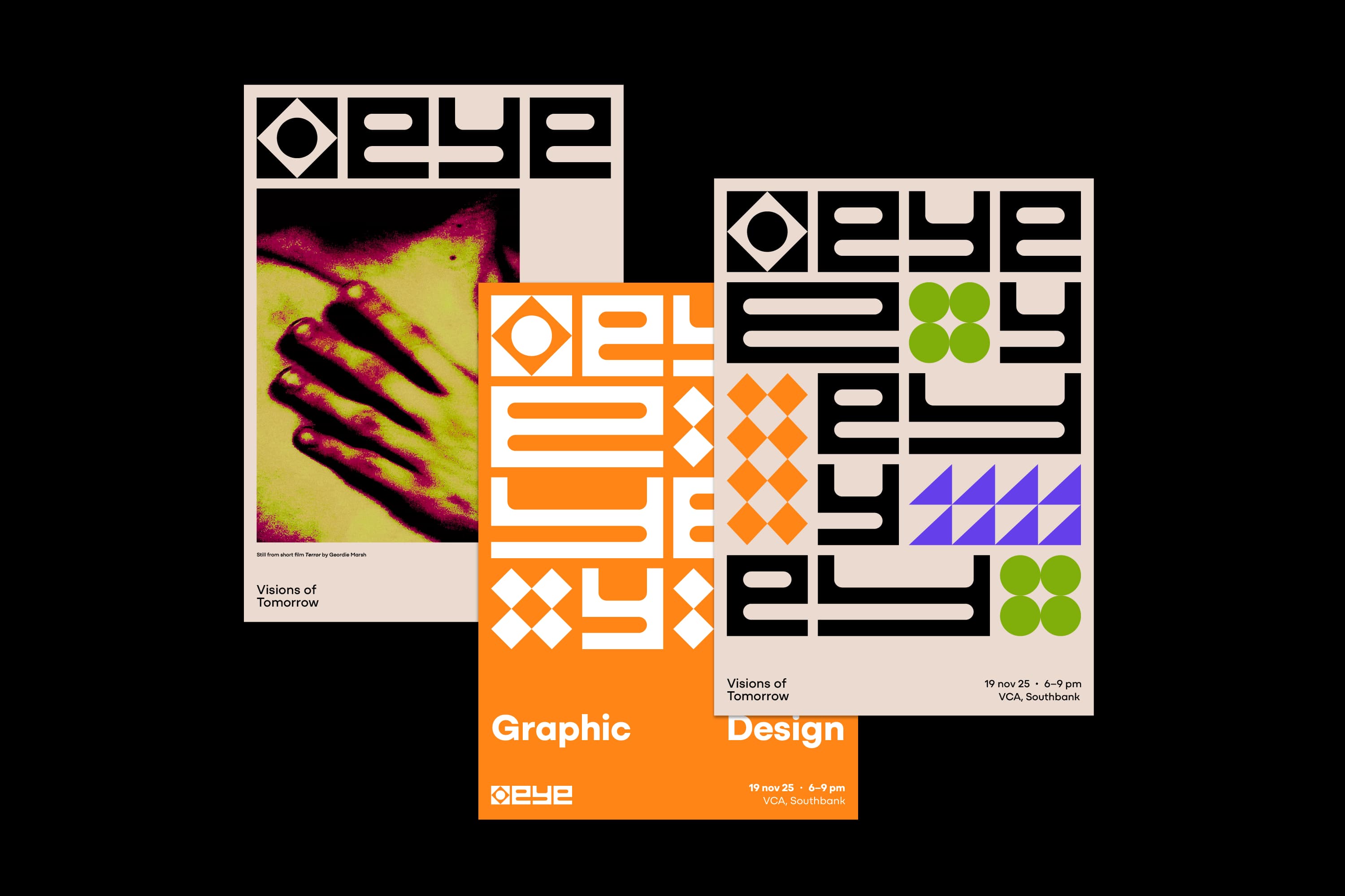 3 iterations of posters under the End of Year Exhibitions 2025 Branding System. One poster is for the exhibition itself, another is for the Graphic Design discipline itself, and the final one showcases a piece of student work.