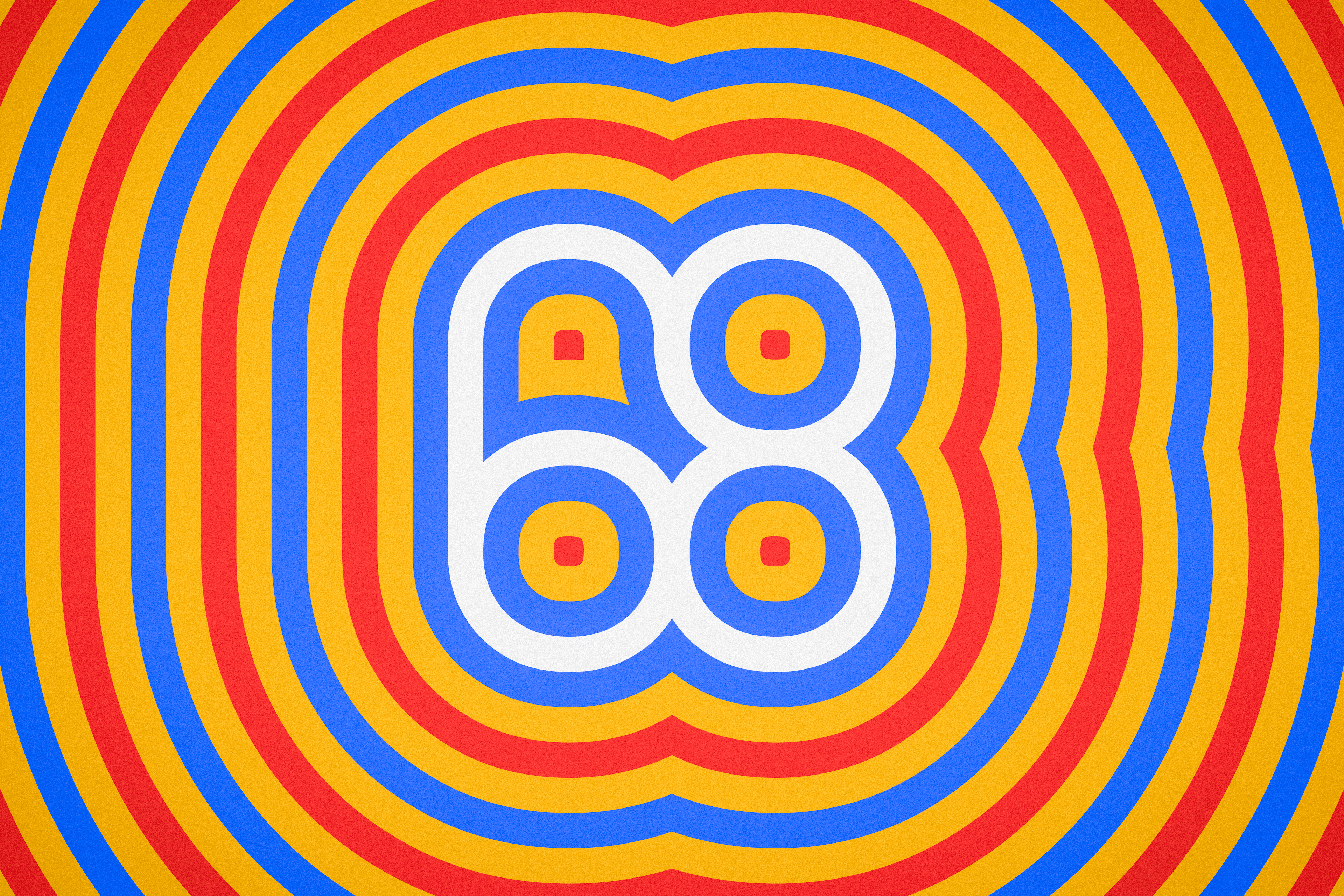 The number 68 in the Cascadence typeface, shown in a radiating pattern with red, blue, and yellow colors.