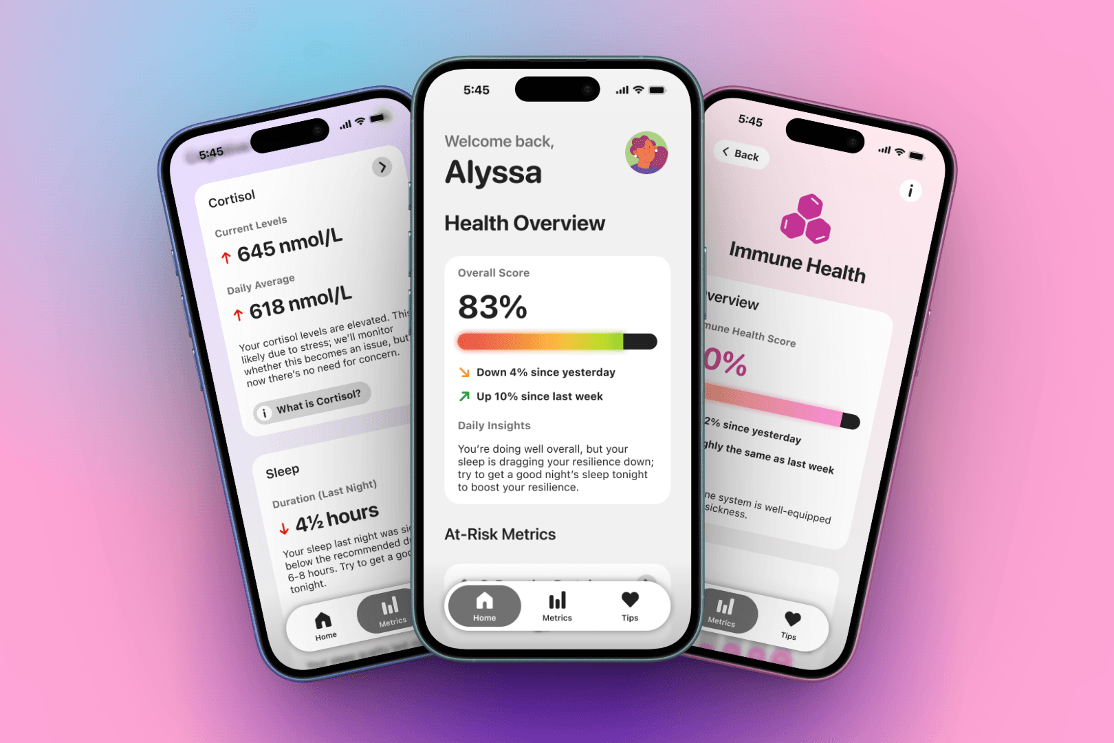 3 phone screens of the Immunify health app. One screen shows the initial landing page with a health overview, another shows the 'Immune Health' page, and the other shows various health metrics like Cortisol levels and Sleep patterns.