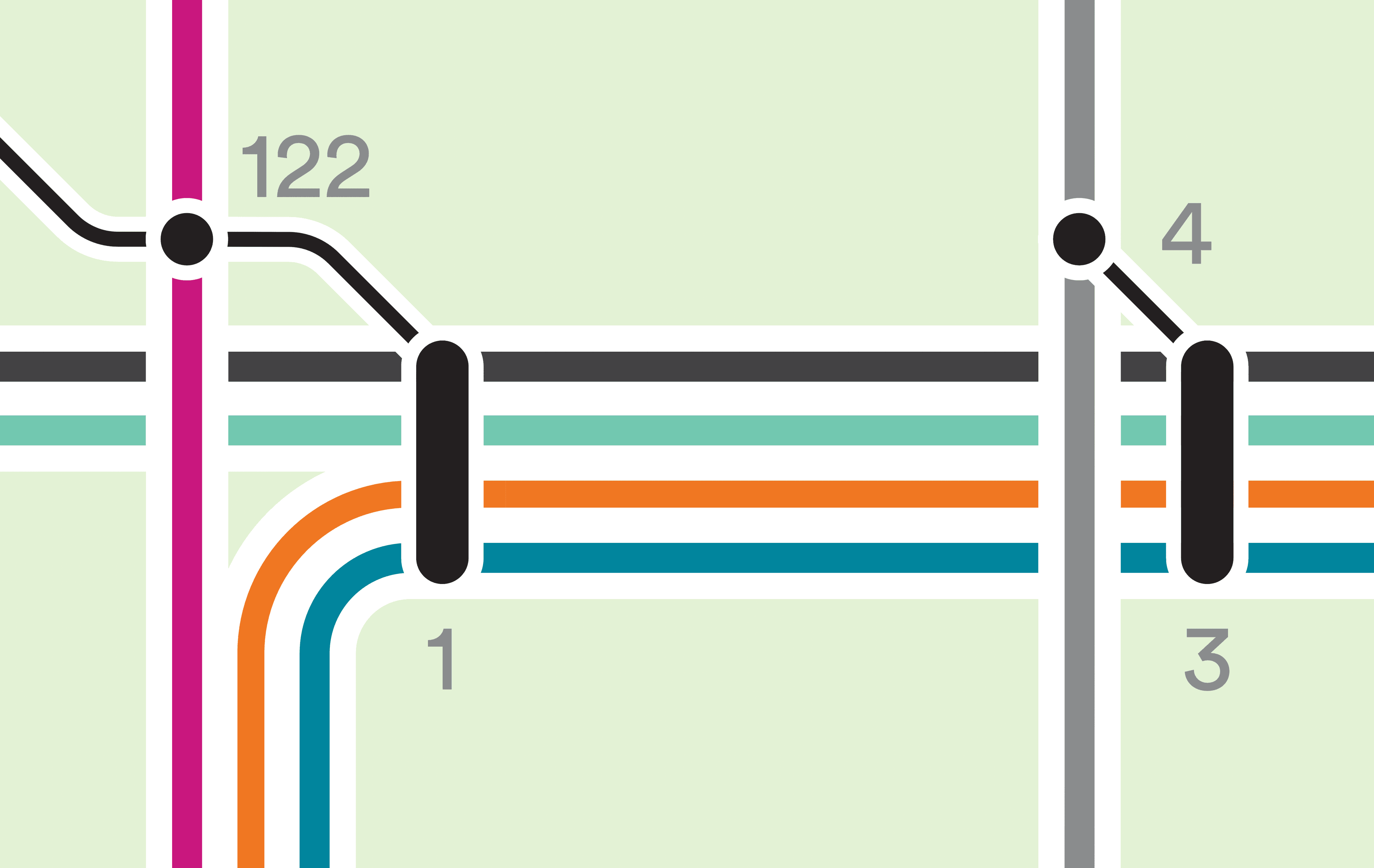 A close-up of the Collins St tram corridor in the CBD intersecting with the Spencer St and King St tram lines.