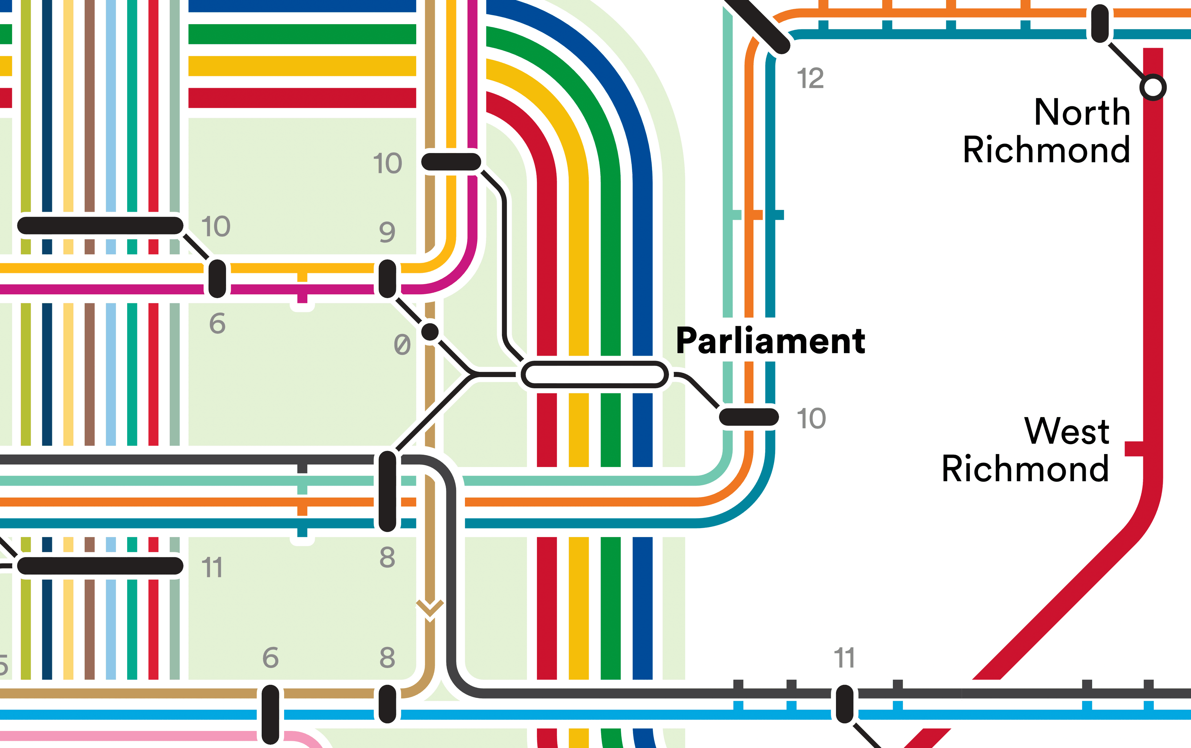 A snapshot of the area around Parliament Station on a combined train and tram network diagram for Melbourne.