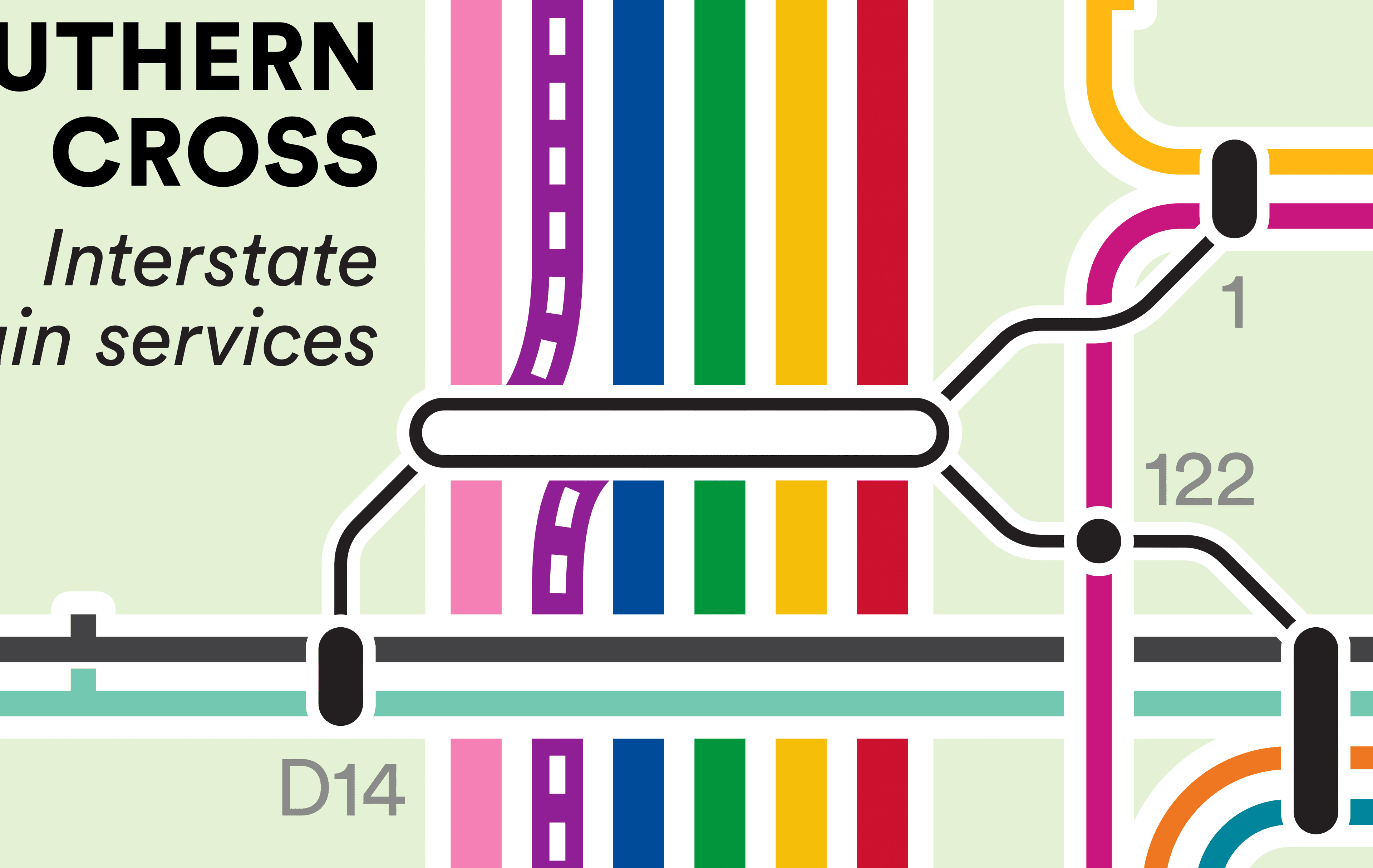 A close-up of Southern Cross Station, highlighting the six train lines running through it forming a rainbow sequence.