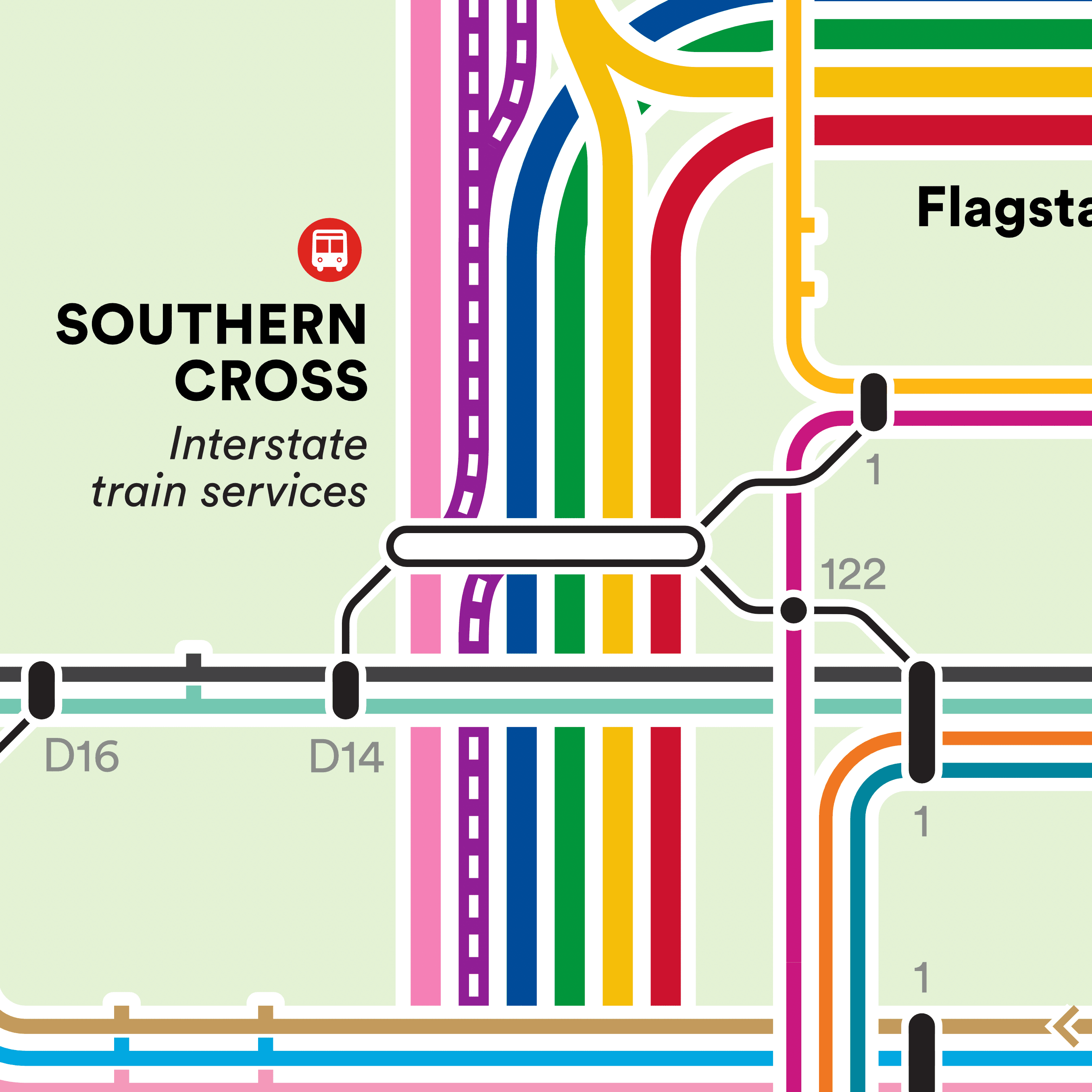 A snapshot of the area around Southern Cross Station on a combined train and tram network diagram for Melbourne.