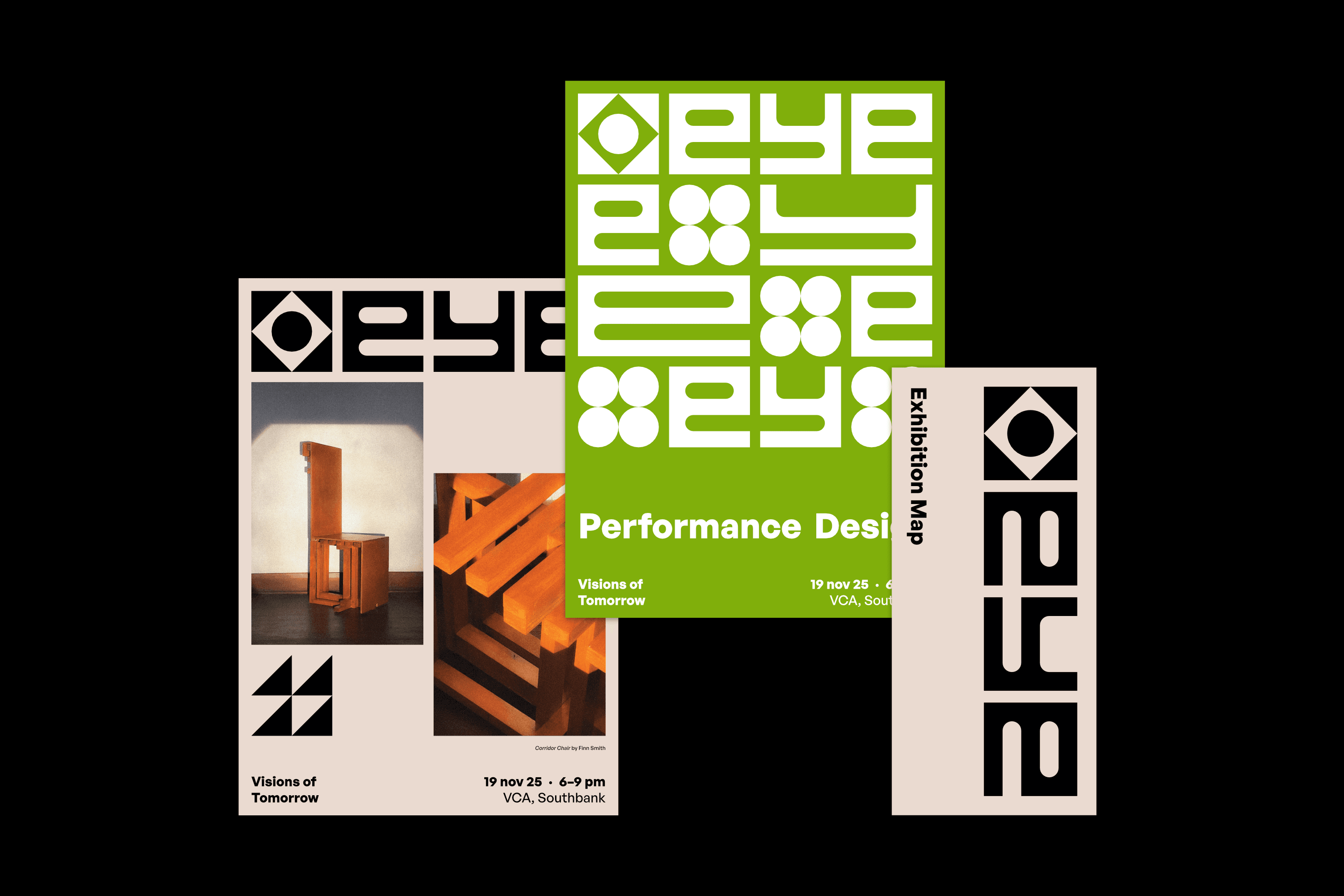 2 posters and the front of a map pamphlet using the EYE 2025 identity.