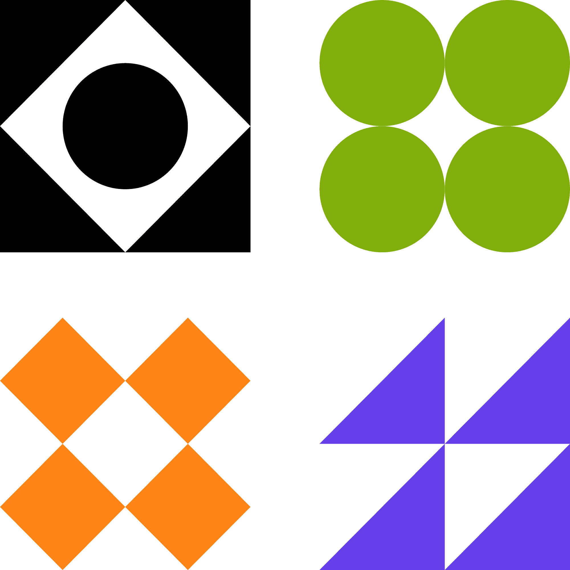 The combined logomark with the 3 discipline marks with their respective shapes and colours.