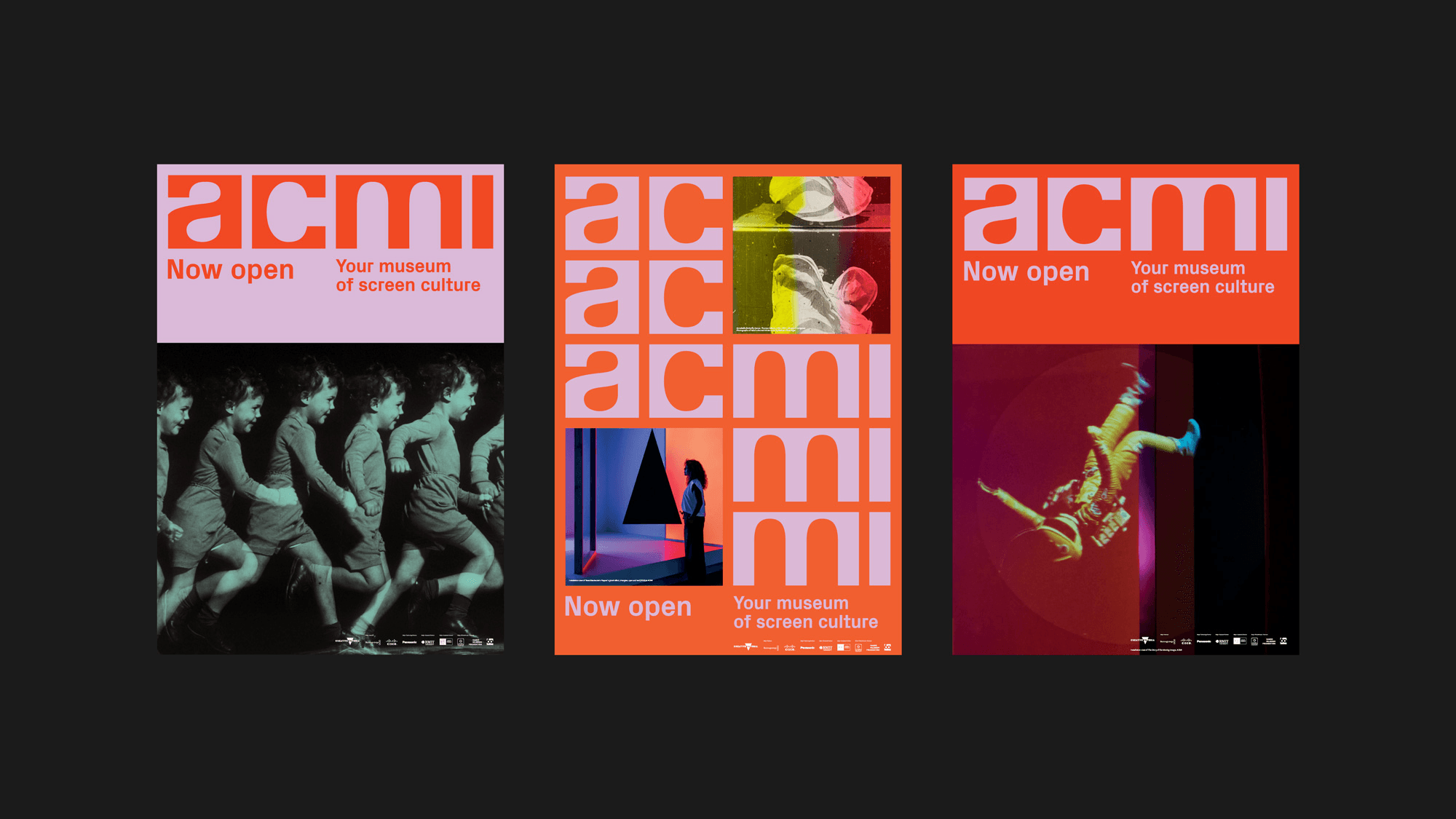 3 posters in bright orange and pink showing off the flexible branding system of ACMI.