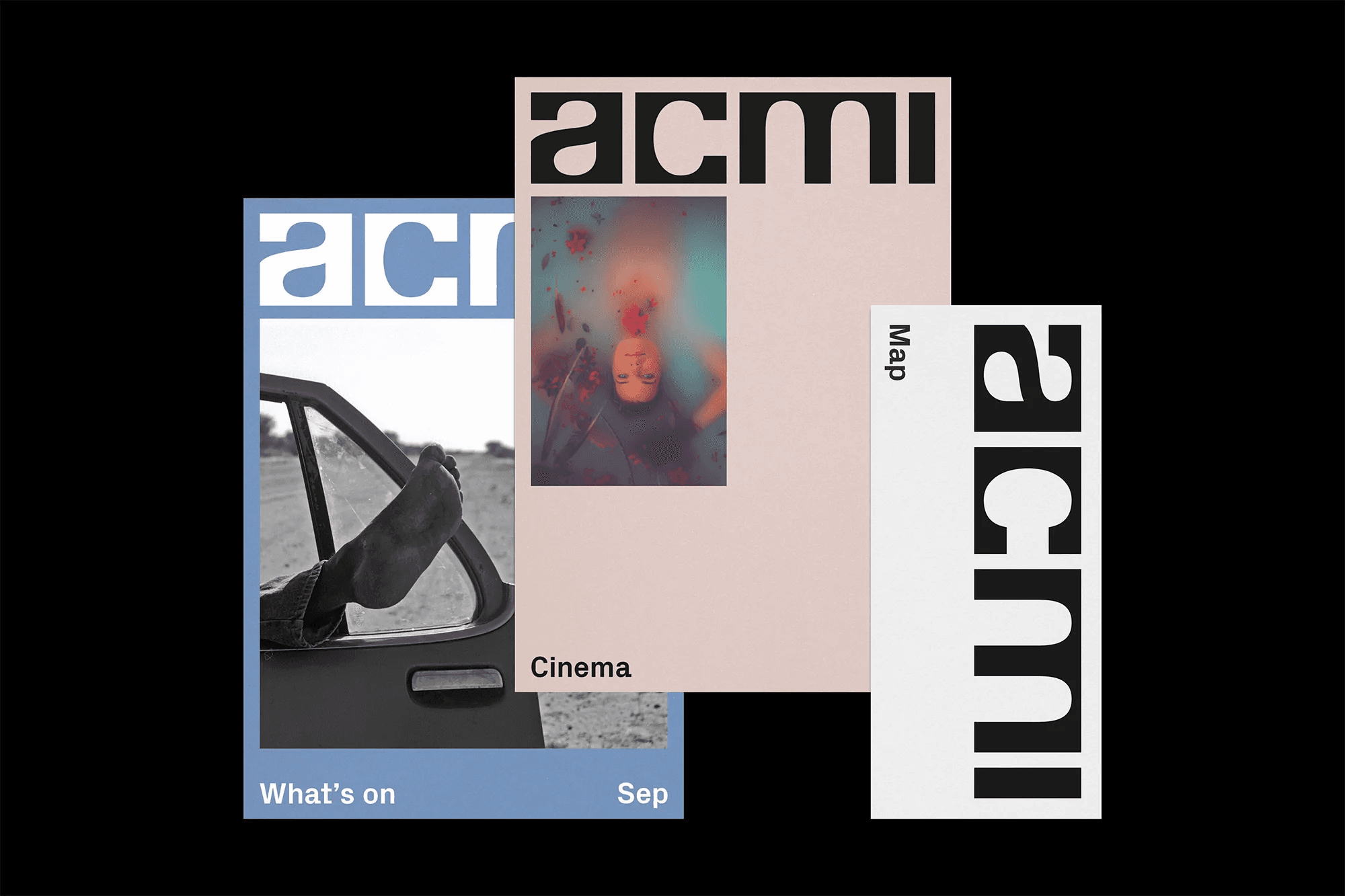3 posters showing off the flexible branding system of ACMI.