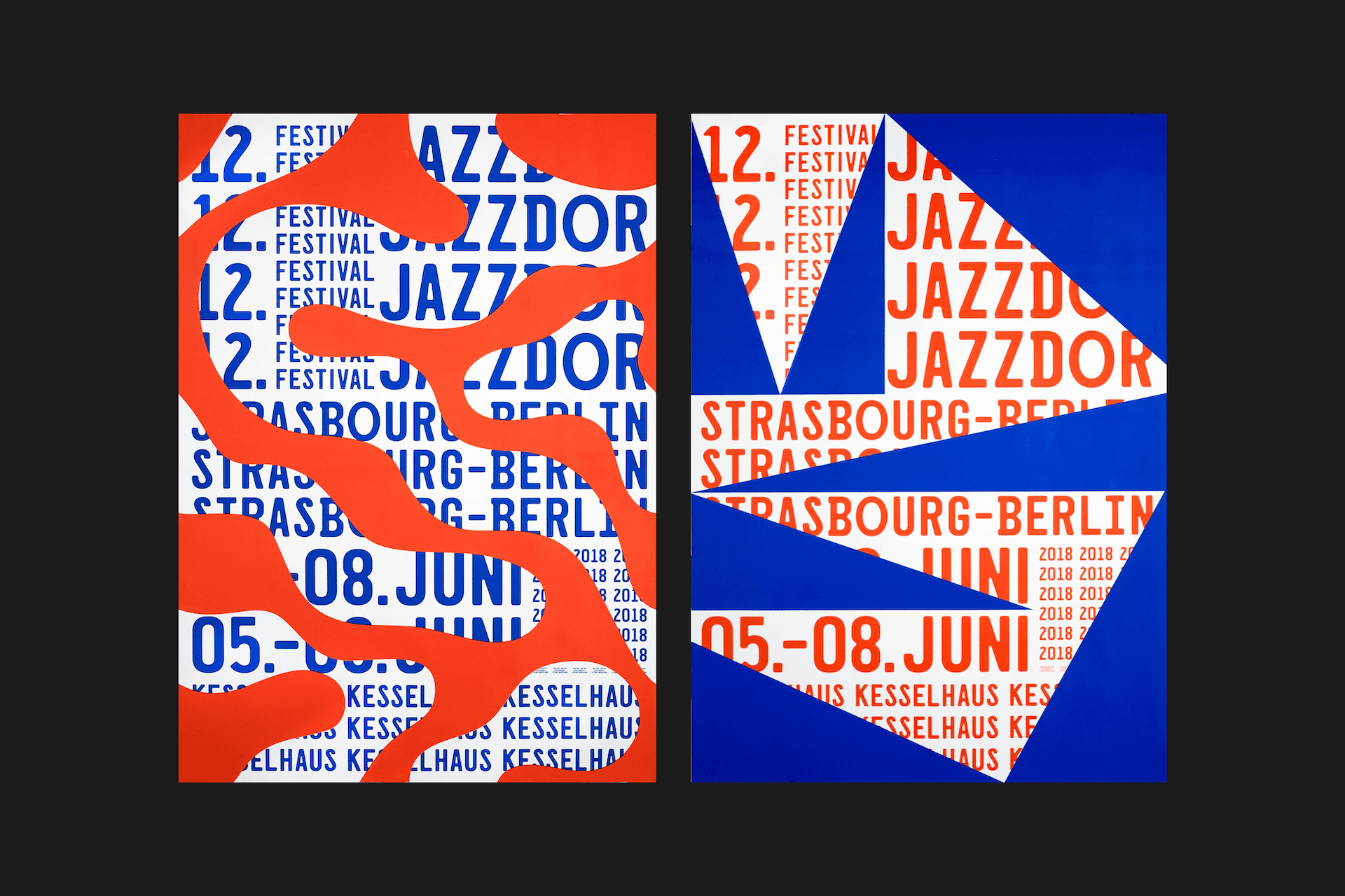 Two posters from the Jazzdor 2018 suite, with bold red and blue geometry intersecting the type underneath.