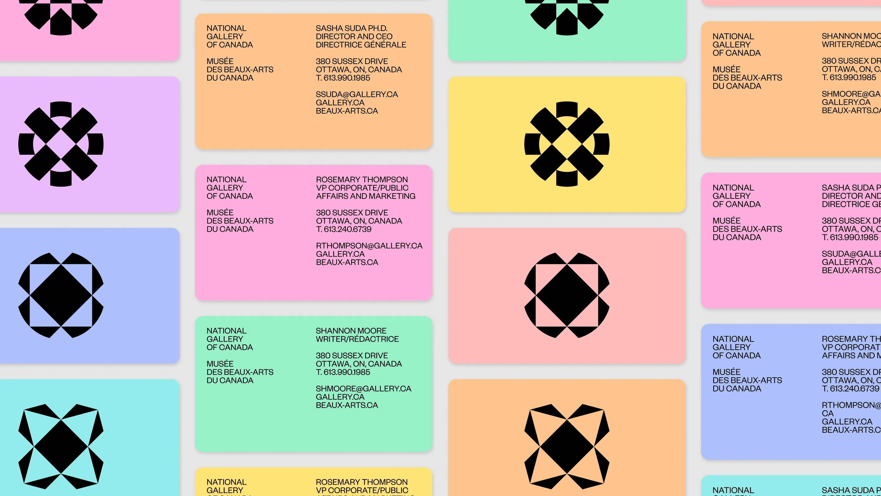 A visual of the National Gallery of Canada's flexible branding system applied across a range of business cards, which each feature a unique colour within the palette and one of the many lockups of the logomark.