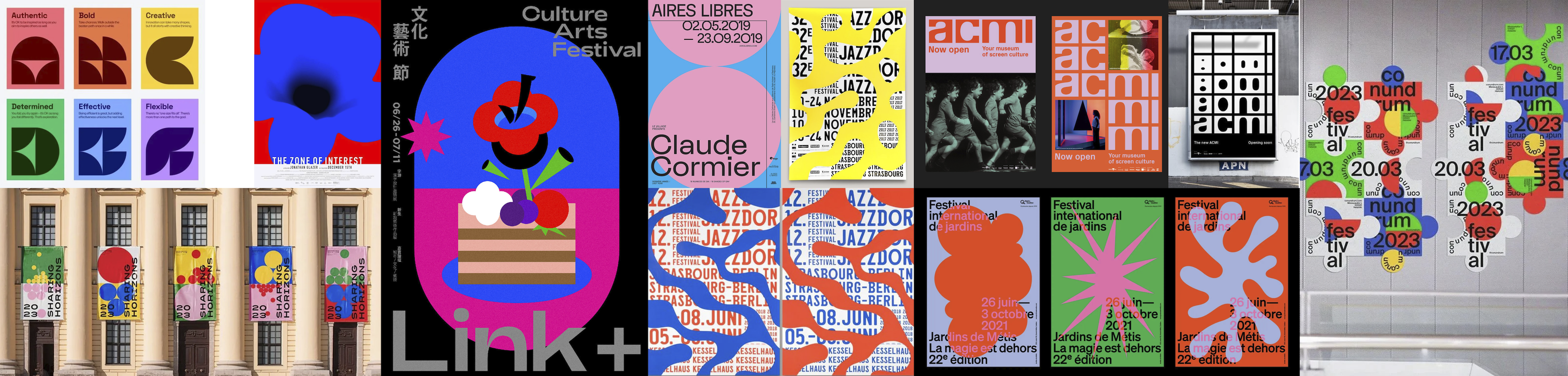 A stylescape of the visual direction of the project. It features bold, geometric identities with simple typography that makes a big impact.