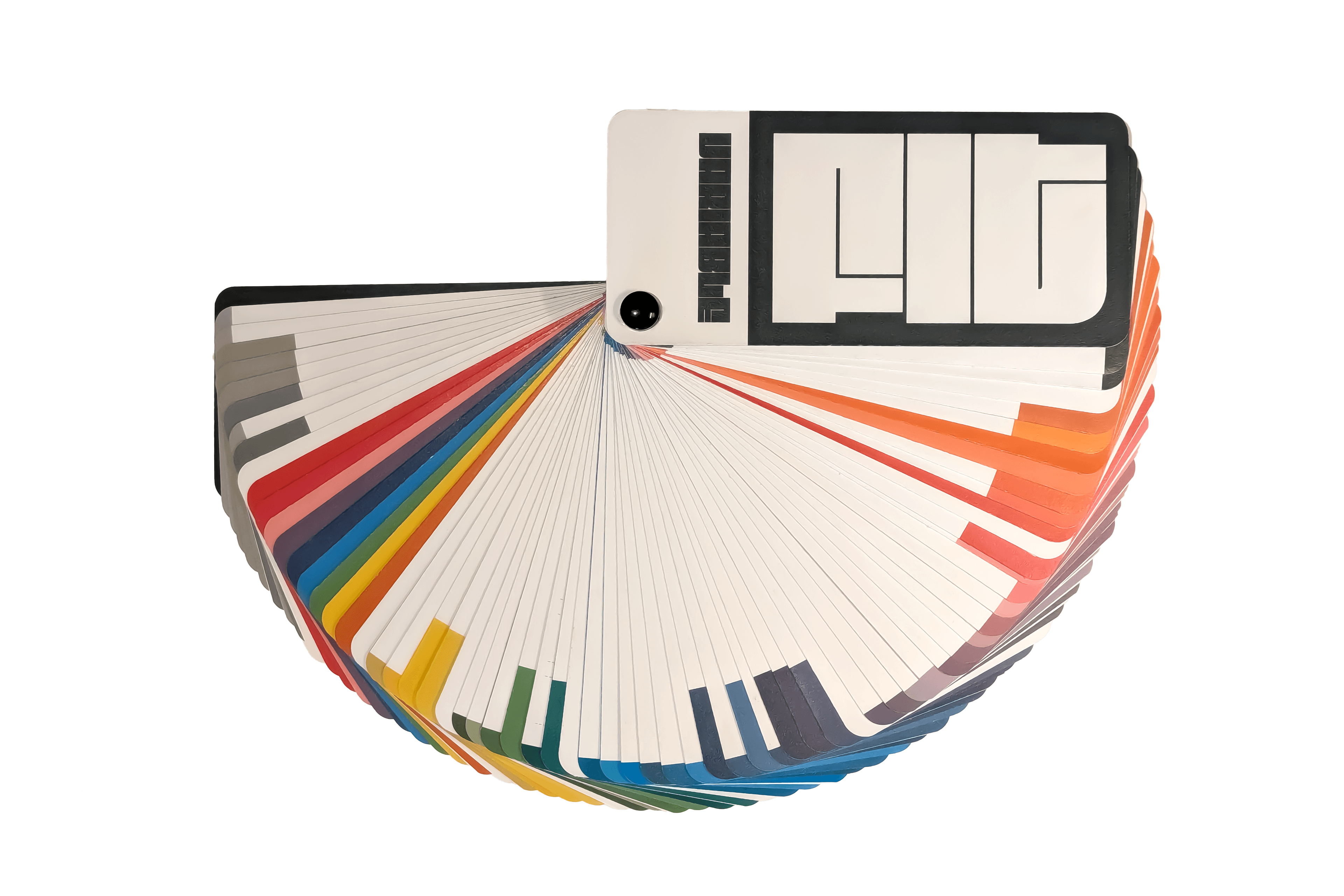 An overhead shot of a colour swatch fandeck splayed out. The fandeck displays a full range of bright colours across its swatches, and showcases the exprimental typeface FIT Variable on its cover.