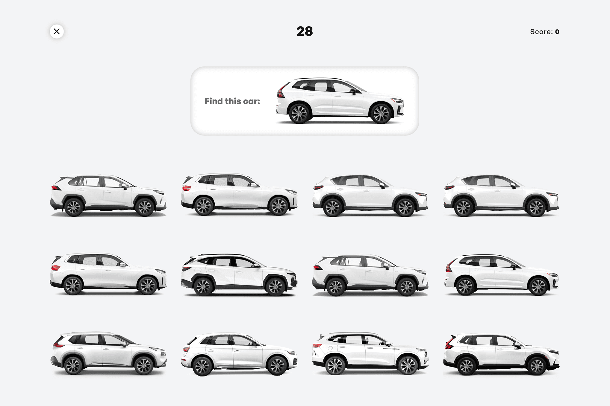 A screenshot of a video game where a user has to find a specific SUV model amongst 12 others which all look nearly identical.