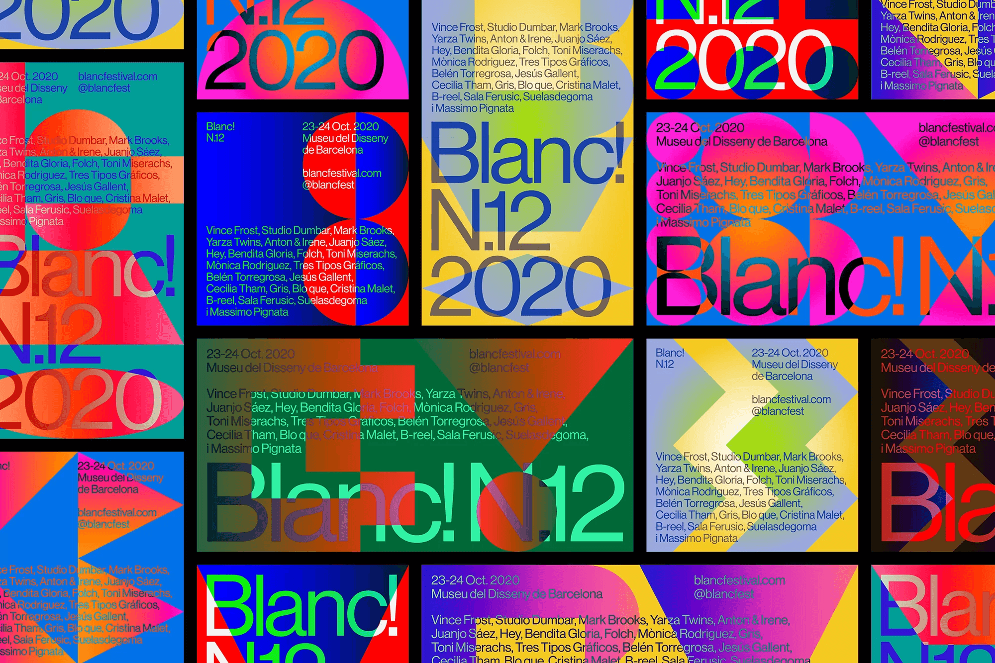 A graphic showing the Blanc! 2020 identity across of a range of media.