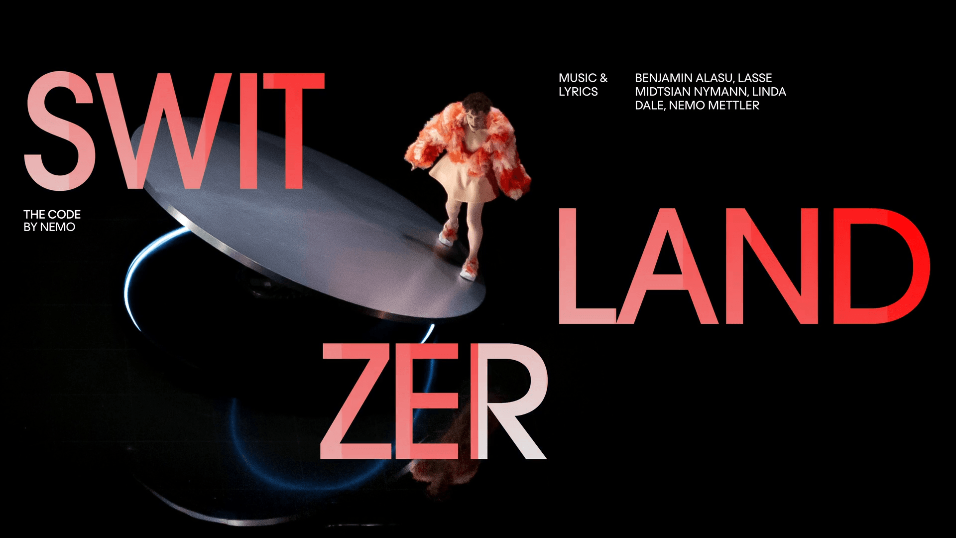 A still from the Eurovision production showcasing the title card of Switzerland's act.