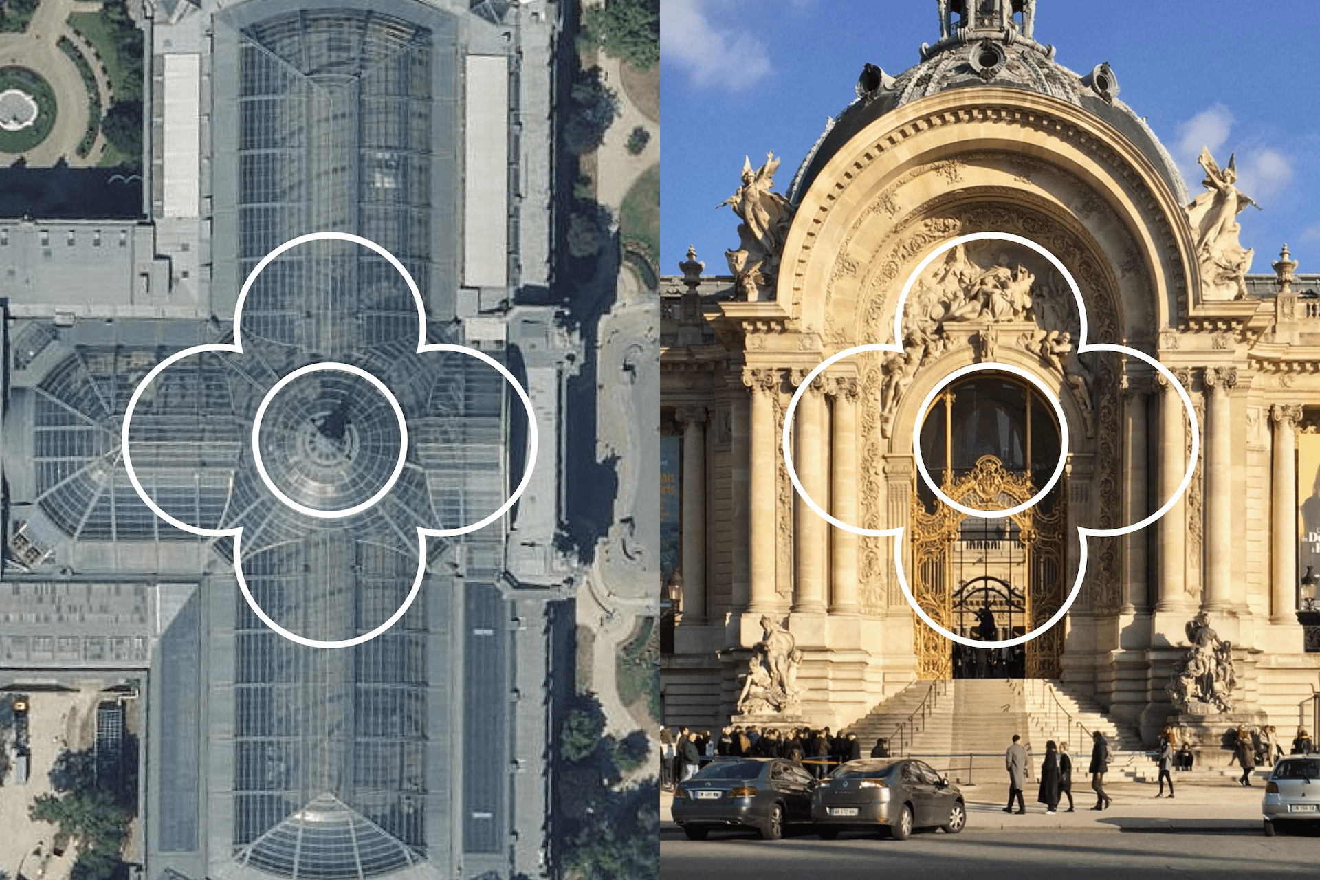The flower logo overlaid over the roof of the Grand Palais and the entrance of the Petit Palais, with the geometry lining up in both.