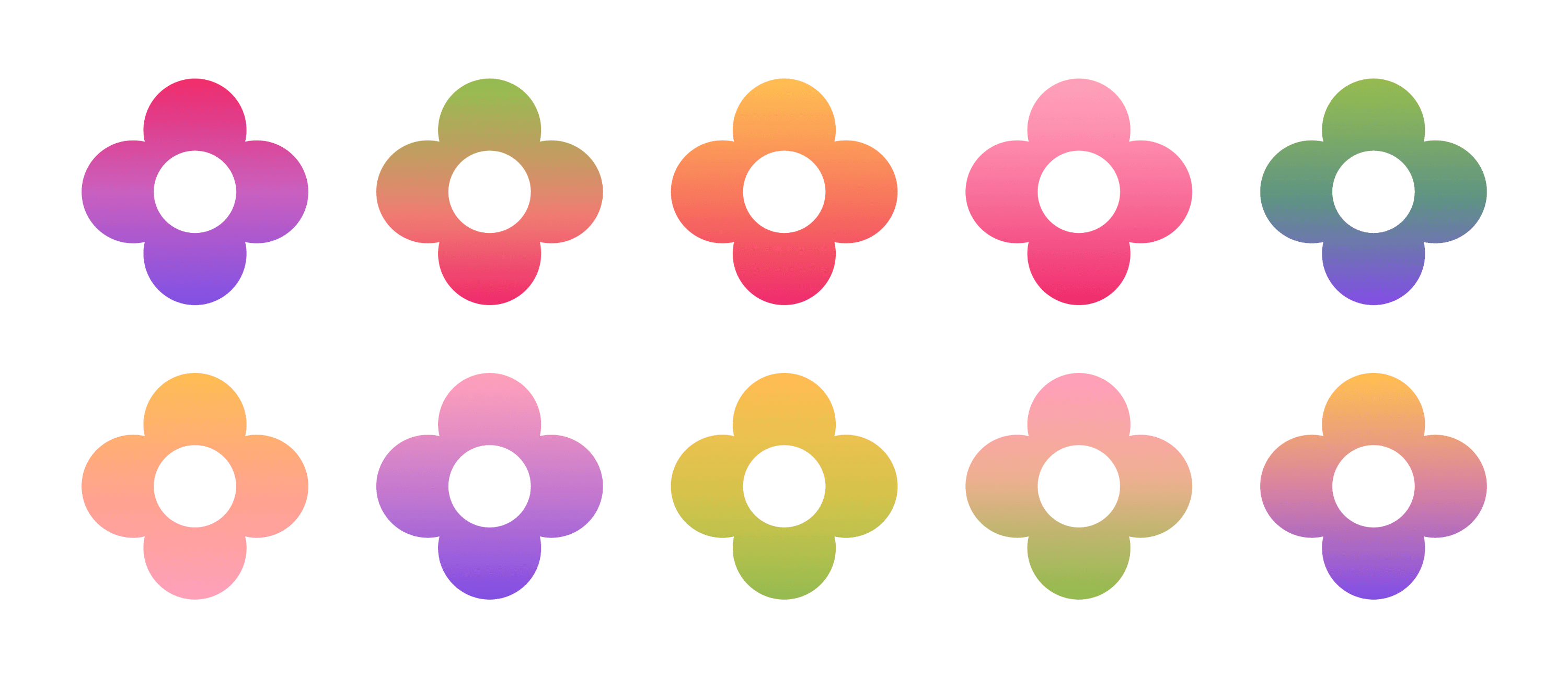 The 10 gradient colourways of the flexible logomark.