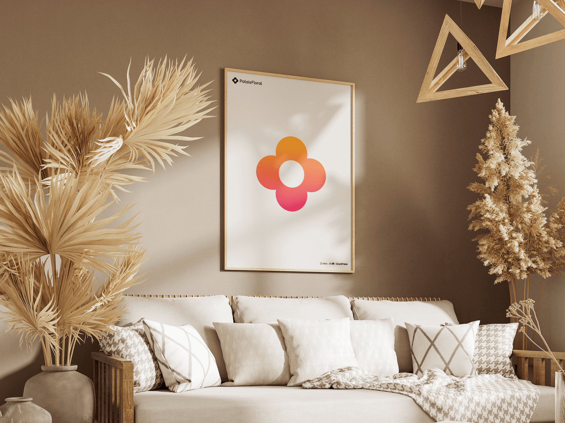 A mockup of an artistic logo poster as art on a wall in a home.