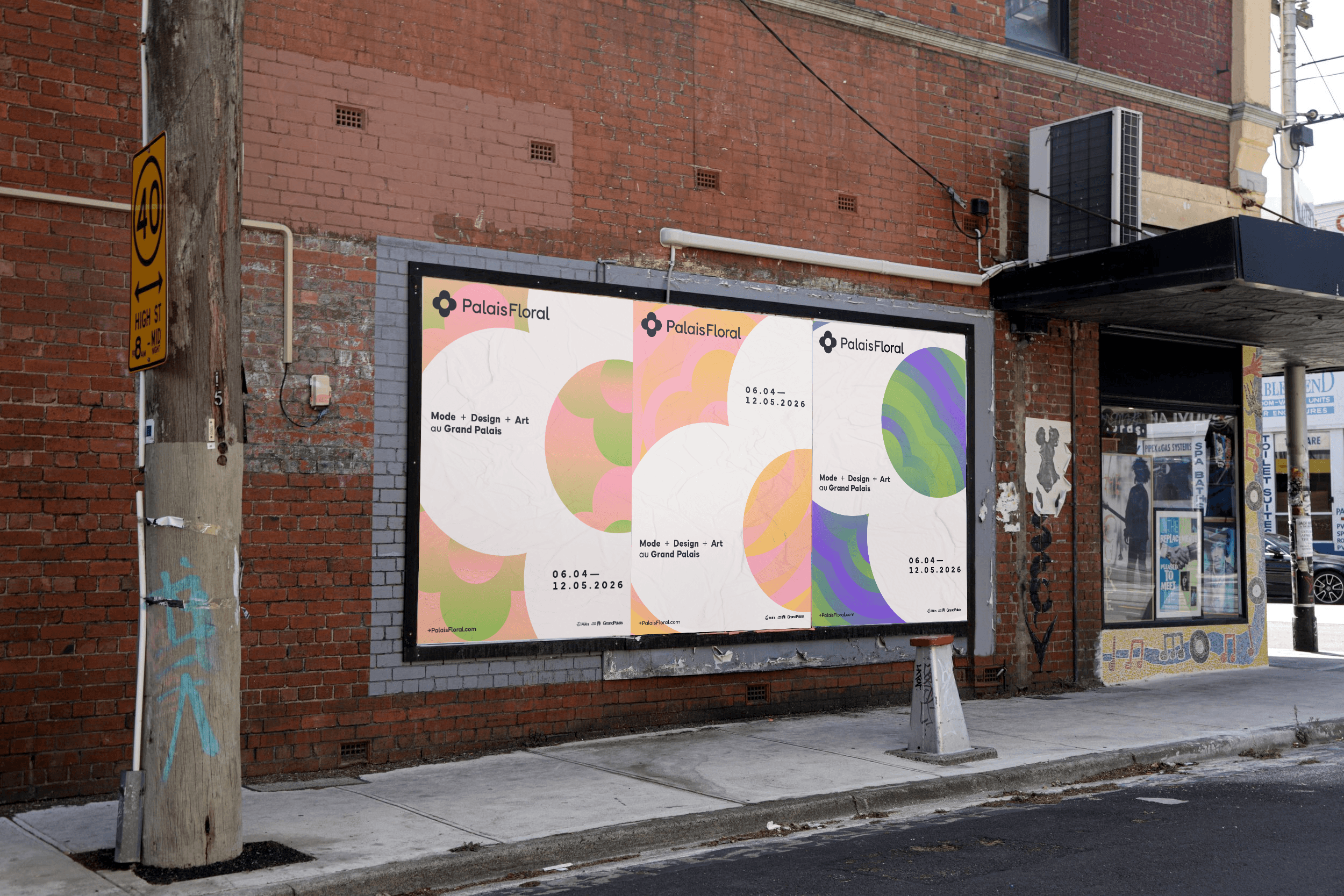 A mockup of 3 informational posters wheat-pasted onto a brick wall.