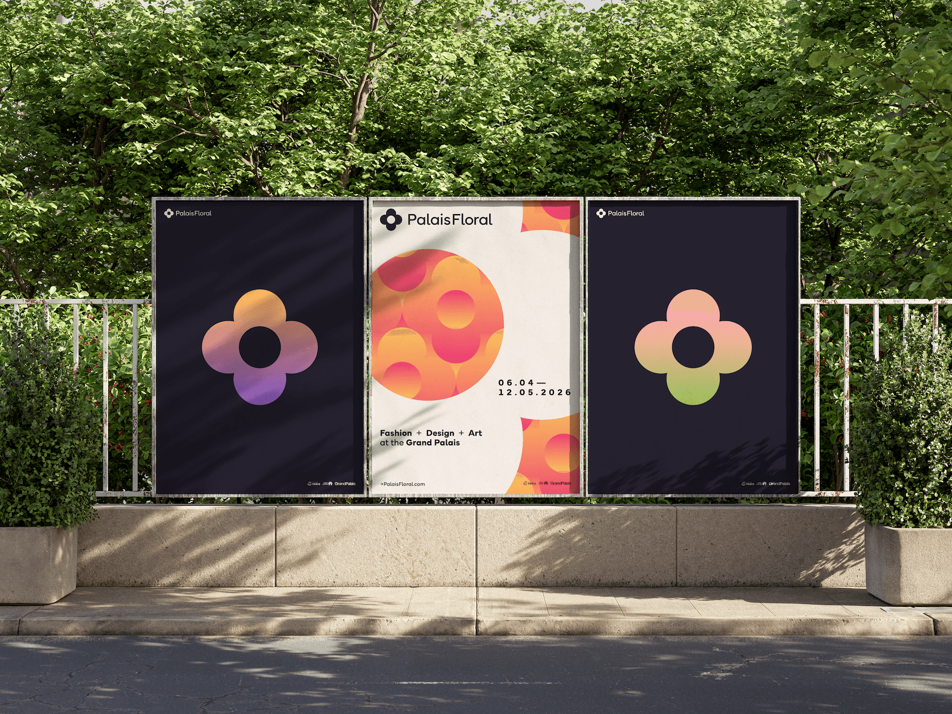 A mockup of 3 posters in a park.