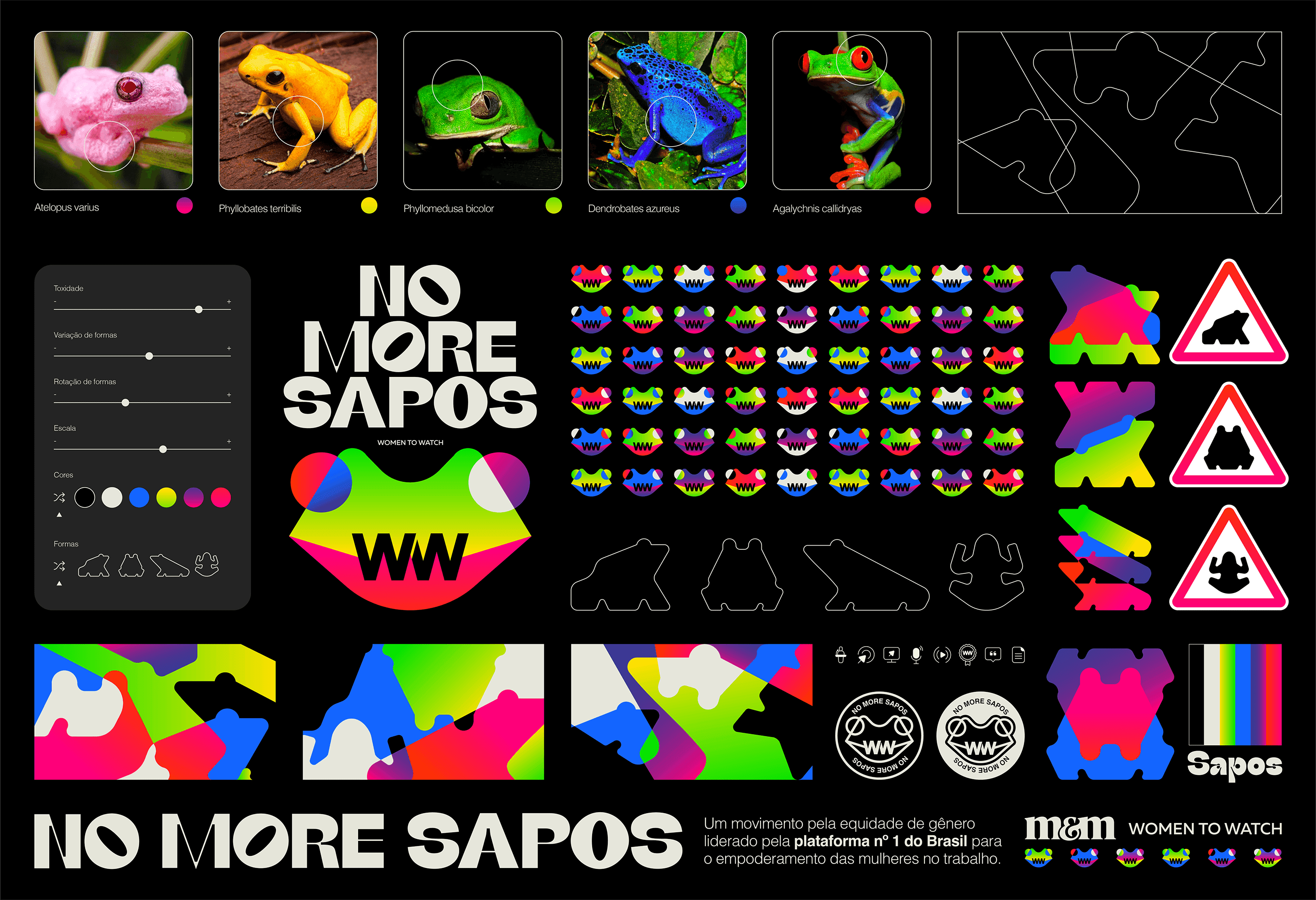 The flexible geometric branding system for the No More Sapos campaign.