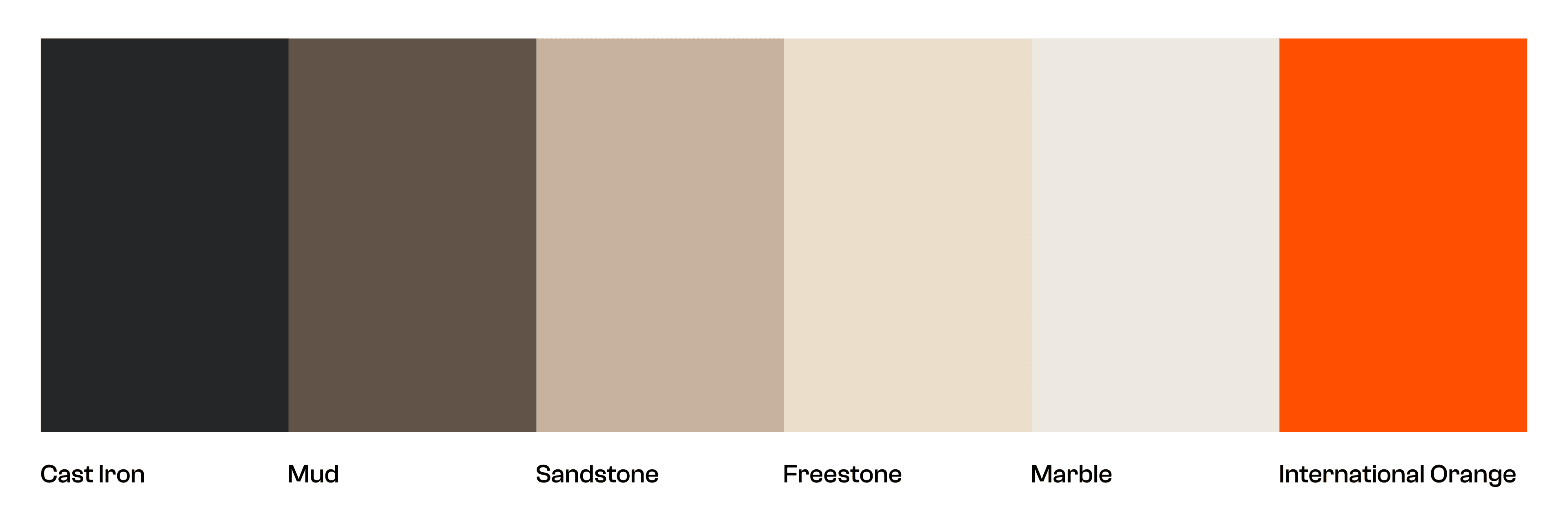 The colour palette used in the identity, consisting of 5 brown tones from dark to light, and International Orange as an accent.