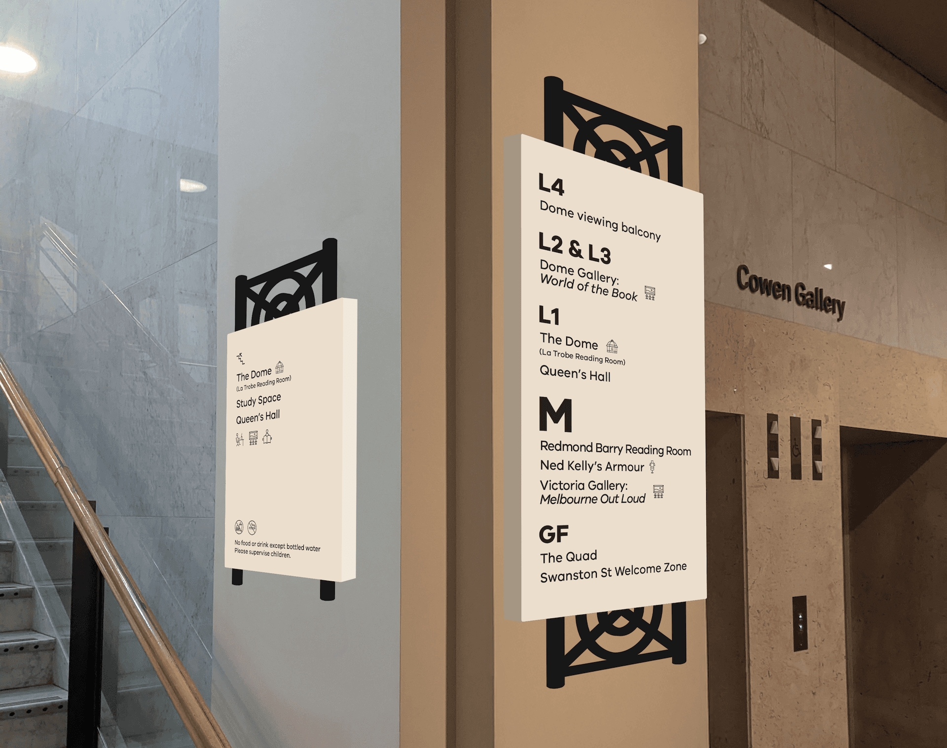 A mockup of two walls signs, one is a big wall sign next to the lifts with the floors directory, the other is a small wall sign next to stairs with directions to The Dome, Study Space and Queen's Hall.