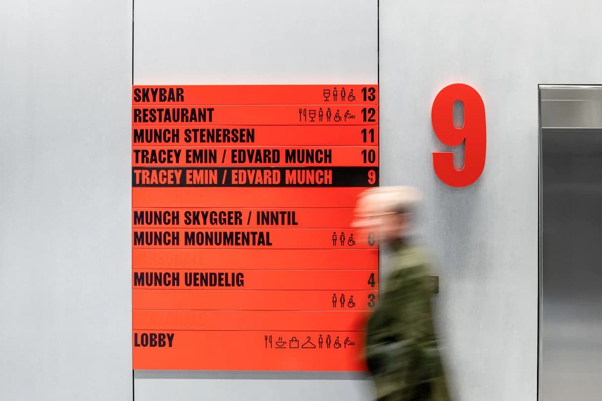 A shot of the directory on floor 9 of the Munchmuseet in Oslo.