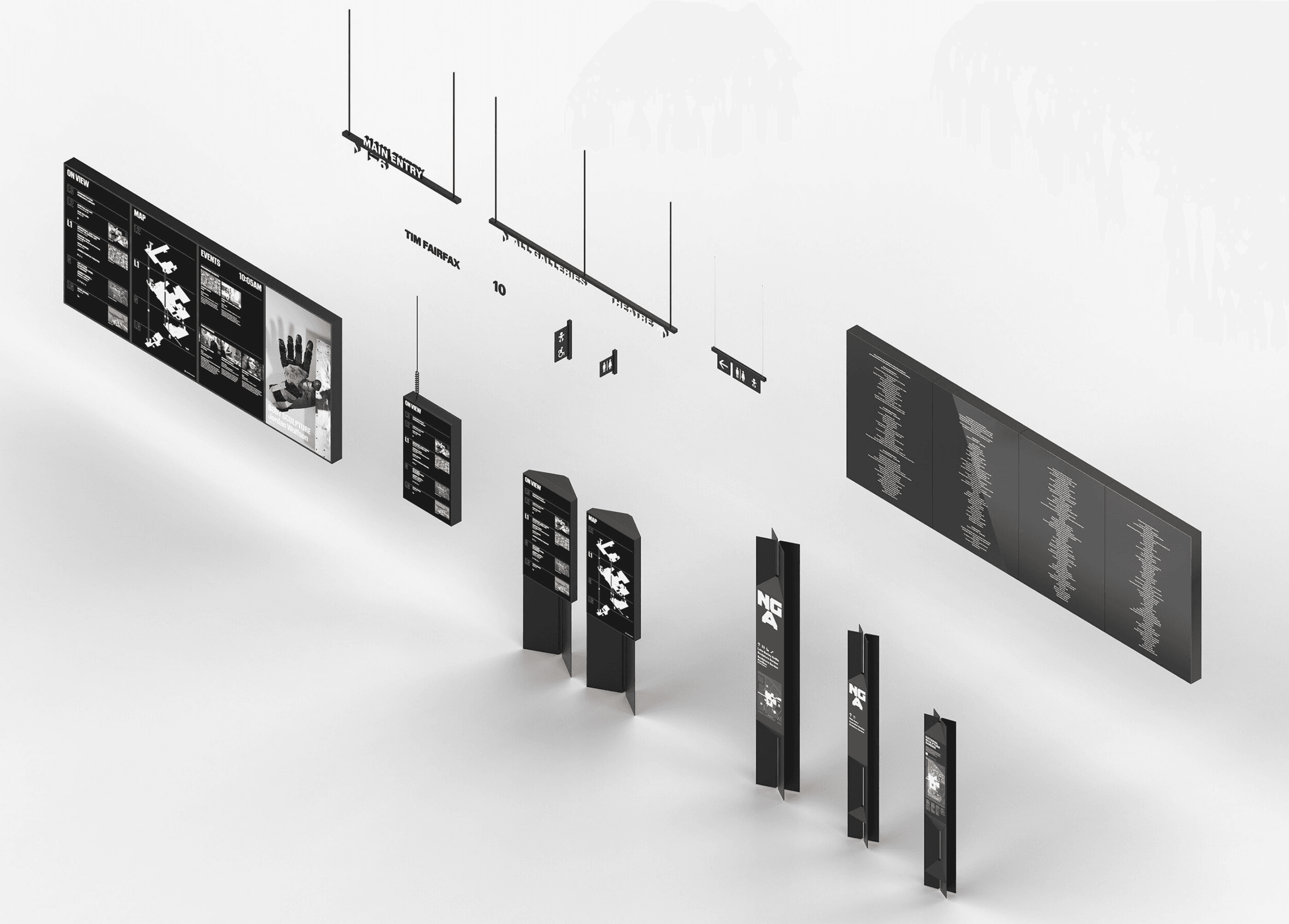 A render of all the signage elements used within the NGA wayfinding identity.