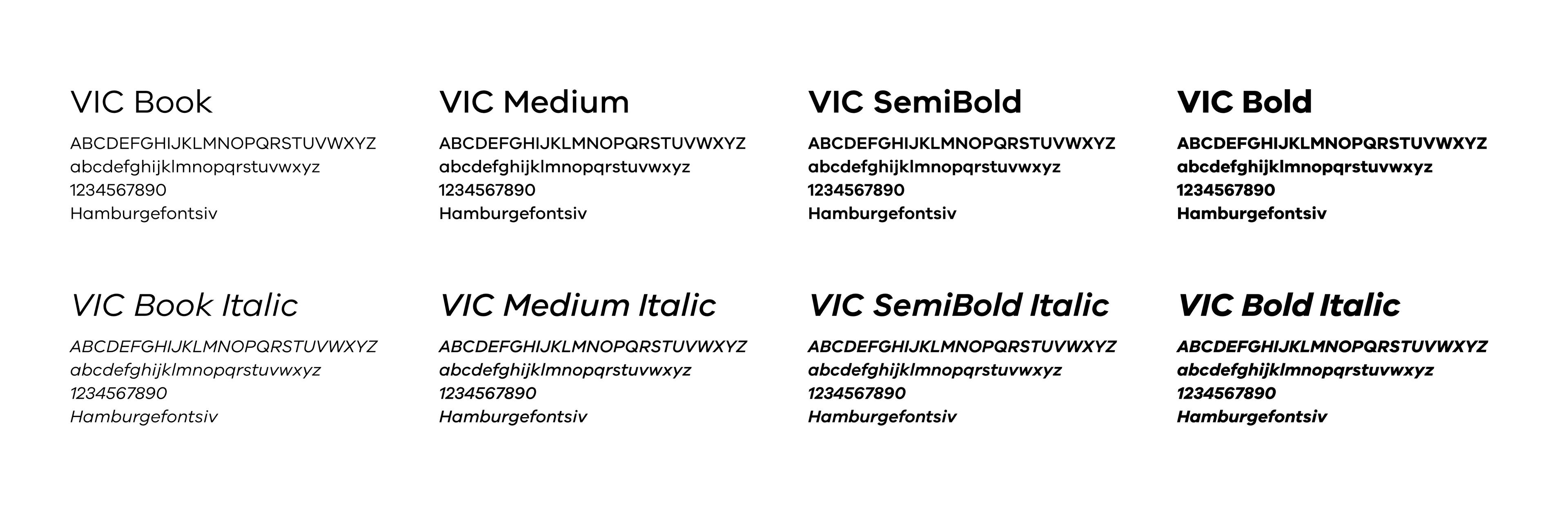 A graphic of the 4 font weights used from the identity's typeface, VIC.