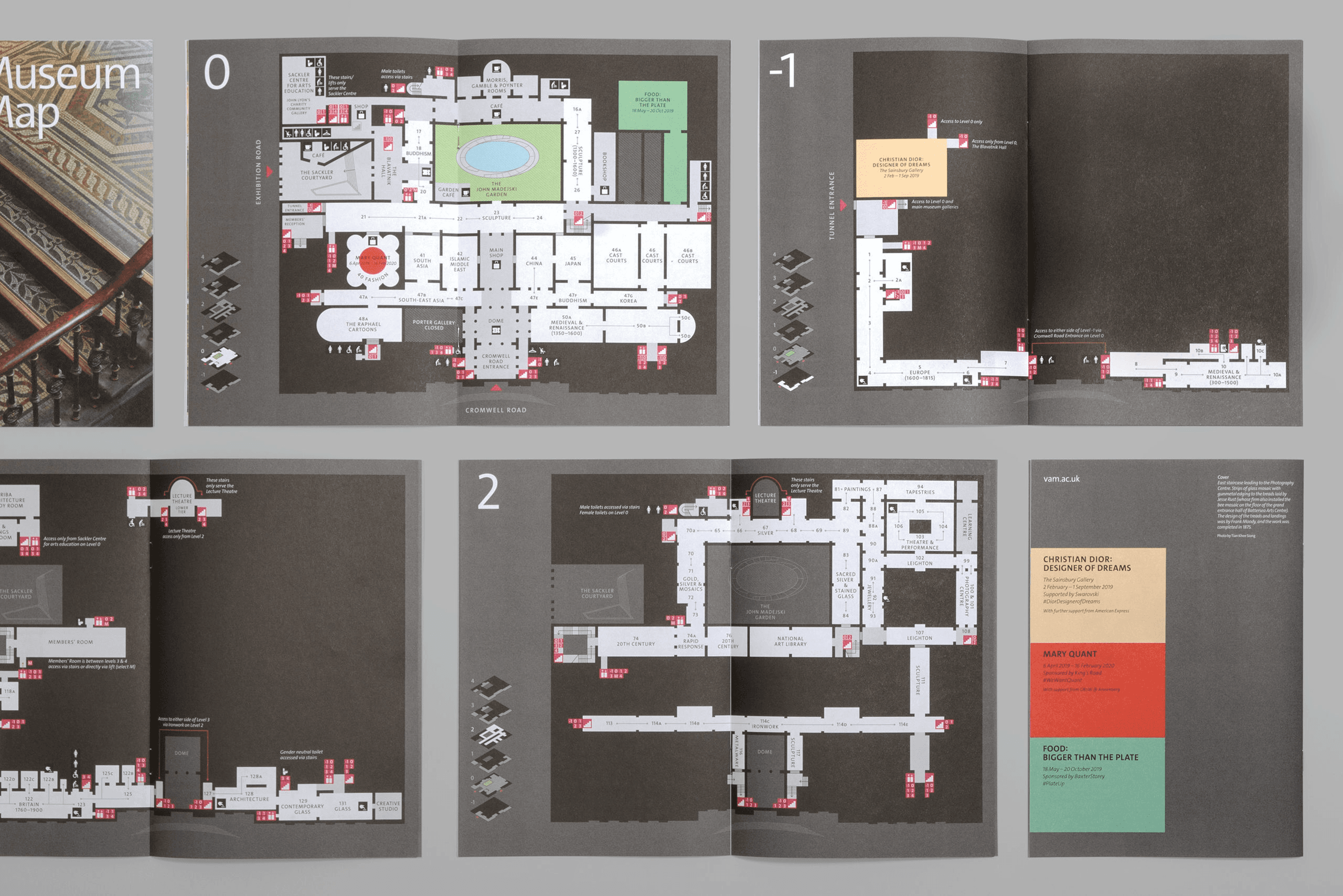 A graphic showing all the pages of the V&A map booklet.